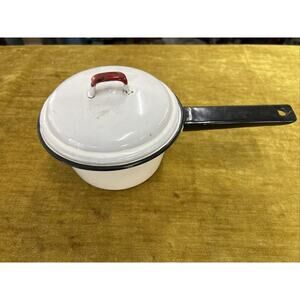 Enamelware 6.5" Metal Sauce Pan Cooking White Red Trim Black Handle Vintage Nice
